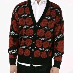 GCDS Intarsia Knit Logo Cardigan Black Red Roses Designer Italy $639 Men's Sz L